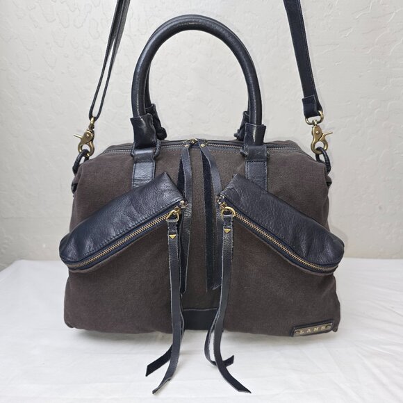 L.A.M.B Gwen Steffani Gray Canvas & Black Leather Crossbody Pocket Satchel - Picture 1 of 13